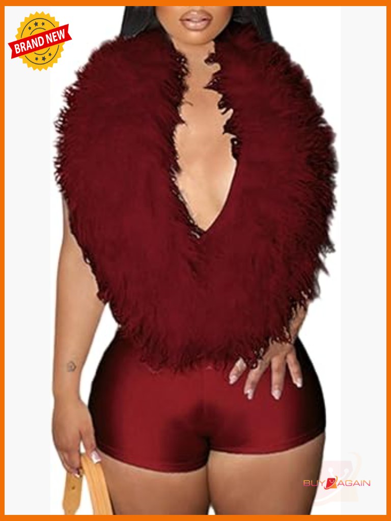 Faux Fur Shawl Backless Jumpsuit V Neck Halter Romper Party Night Out